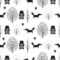 Fox, bear, trees and mushroom seamless pattern on white background. Royalty Free Stock Photo