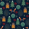 Fox, bear, trees seamless pattern on dark blue background. Royalty Free Stock Photo