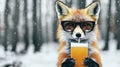 fox in black-and-white glasses sipping citrus spritz, minimalist forest background. Royalty Free Stock Photo