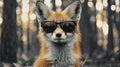 fox in black-and-white glasses sipping citrus spritz, minimalist forest background. Royalty Free Stock Photo
