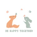 Fox and bunny baby cute print. Forest friends enjoy butterfly together