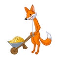 Fox carrying a wheelbarrow with gold