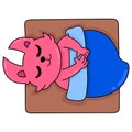 Fox cat is sleeping soundly on a comfortable mattress and blanket, doodle icon image kawaii