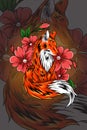 Fox with cherry blossom vector illustration
