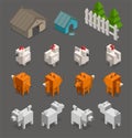 Fox chicken end dog character 3d Isometric set for arcade game. Farm, doghouse fence and tree low poly