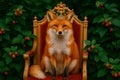 A fox with a crown sits on a throne among the berry bushes. Royalty Free Stock Photo