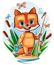 Fox cub fishing. Summer landscape. Sticker. Animal isolated on white background. Fun cartoon style. Vector