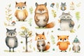 Fox design cute zoo animals art cartoon forest print raccoon character set drawing Royalty Free Stock Photo