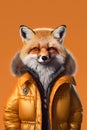 Fox in down jacket half - length frontal view