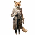 Vintage Watercolored Fox In Trenchcoat Illustration