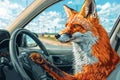 Fox Driving Car Illustration Created with Generative AI