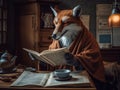 A fox eats breakfast in a robe and reads a newspaper