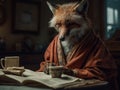 A fox eats breakfast in a robe and reads a newspaper