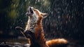 a fox elegantly dancing in the rain, captured with meticulous attention to detail and realistic lighting effects