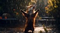 a fox elegantly dancing in the rain, captured with meticulous attention to detail and realistic lighting effects