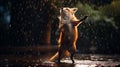 a fox elegantly dancing in the rain, captured with meticulous attention to detail and realistic lighting effects