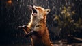 a fox elegantly dancing in the rain, captured with meticulous attention to detail and realistic lighting effects