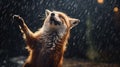 a fox elegantly dancing in the rain, captured with meticulous attention to detail and realistic lighting effects