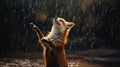 a fox elegantly dancing in the rain, captured with meticulous attention to detail and realistic lighting effects