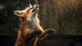 a fox elegantly dancing in the rain, captured with meticulous attention to detail and realistic lighting effects