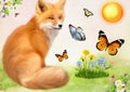 The fox in an environment of butterflies sits on a summer glade. Children's illustration.