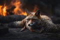 fox exhausted in the midst of wildfires and smoke. Wildlife Animals. Illustration. Generative AI