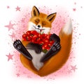 Fox with eyes closed and bouquet of poppies