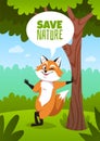 Fox in forest poster. Save nature slogan with funny wild orange animal character. Cartoon vixen standing by tree. Eco