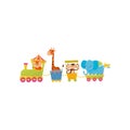 Fox, giraffe, monkey and elephant traveling by train. Cartoon animal characters. Zoo theme. Colorful flat vector design