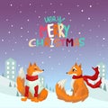 Fox the girl and a fox the boy walk in the winter near the city and the forest. Congratulation of Very Merry Christmas