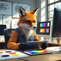 Fox in Glasses, Denim Vest, and Orange Jacket Using Tablet in Design Studio anthropomorphic Royalty Free Stock Photo