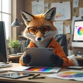 Fox in Glasses and Orange Jacket Using Tablet in Design Studio with Computer anthropomorphic Royalty Free Stock Photo
