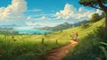 Dreamlike Horizons: A Whimsical Coastal View With A Trail Of Fox In Anime Art Style Royalty Free Stock Photo