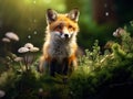 Fox in green Cute Red Vulpes at forest with moss Wildlife scene from nature Royalty Free Stock Photo