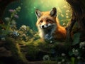 Fox in green forest. Cute Red Fox Vulpes vulpes at forest with flowers moss stone. Wildlife scene from nature Royalty Free Stock Photo