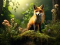 Fox in green forest. Cute Red Fox Vulpes vulpes at forest with flowers moss stone. Wildlife scene from nature