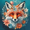 Fox head art, vector illustration. Double exposure with fox and flowers, decorative concept Royalty Free Stock Photo