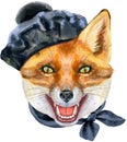 Fox head in black beret in pom-pom. Watercolor fox painting illustration isolated on white background