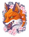Fox Head Illustration with Japanese Tattoo Art Background