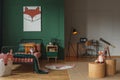 Fox head on vertical poster in emerald green teenager bedroom