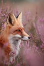 Fox on a heath field. AI generated.