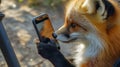 A fox holds a smartphone in close-up Royalty Free Stock Photo