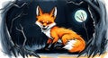 fox illustration in a dark forest with full moon Royalty Free Stock Photo