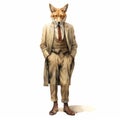 Vintage Watercolored Coyote In Stylish Suit And Tie