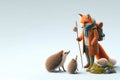 A fox with a lantern and hedgehogs on a walk. Space for text. Royalty Free Stock Photo