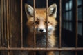 Fox locked in cage. Emaciated, skinny lonely fox in cramped jail behind bars with sad look. Keeping animals in captivity