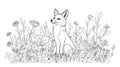 Fox in a Flower Meadow, Coloring Page, Outline Art Royalty Free Stock Photo