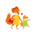 Fox Mom In Dress With Handbag Animal Parent And Its Baby Calf Parenthood Themed Colorful Illustration With Cartoon Fauna