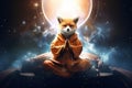 Fox in monk robes meditating under starry sky. Serene animal practices Zen meditation in the lotus position, aiming for