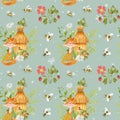 A fox near a beehive with flowers. Watercolor seamless pattern with bees and fox. Children's design. The Royalty Free Stock Photo